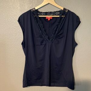 Oscar de la Renta Silky Petite XL Cami  Blue Top Cap Sleeves with Lace Trim